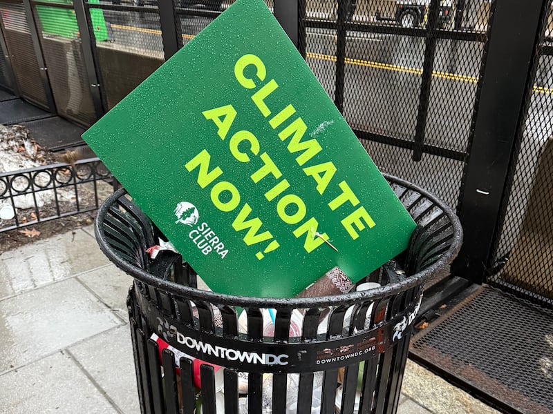 A sign saying Climate Action Now in a trash can