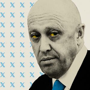 Photo illustration of Yevgeny Prigozhin with yellow eyes and the X/Twitter symbol tiled to his left.