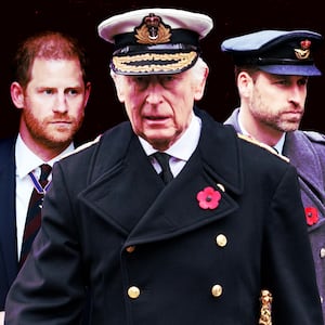 A photo illustration of Prince Harry, King Charles, and Prince William.