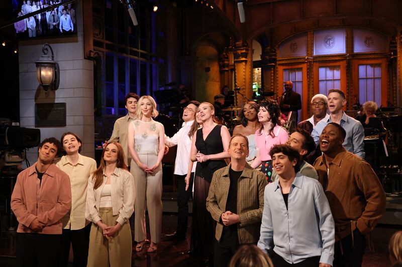 Emil Wakim, Jane Wickline, Ashley Padilla, Michael Longfellow, Heidi Gardner, Bowen Yang, host Scarlett Johansson, James Austin Johnson, Ego Nwodim, Sarah Sherman, Marcello Hernández, Andrew Dismukes, Kenan Thompson, Devon Walker, and Mikey Day during the monologue on Saturday, May 17, 2025.