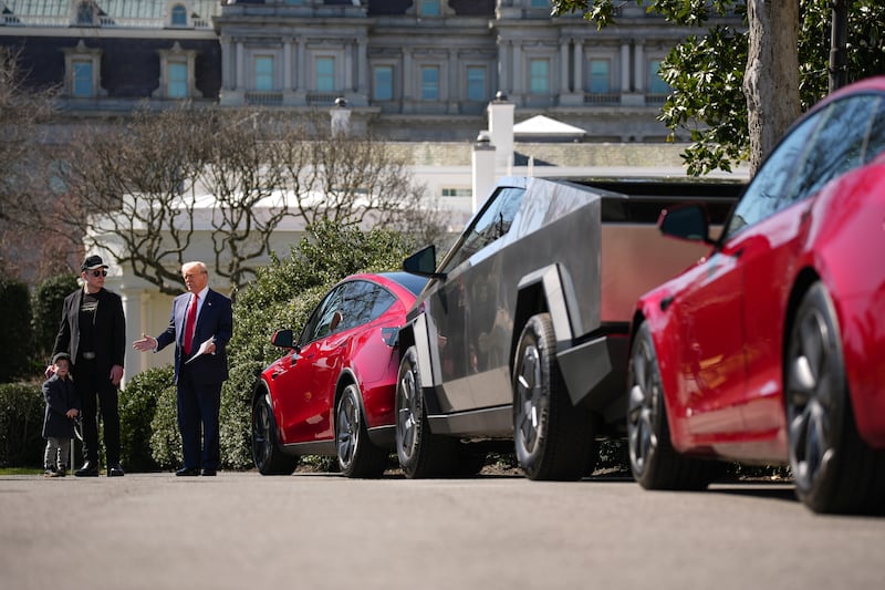 President Donald Trump is joined by 
 Elon Musk and his son for an event on the South Lawn of the White House on March 11, 2025 in Washington, D.C.