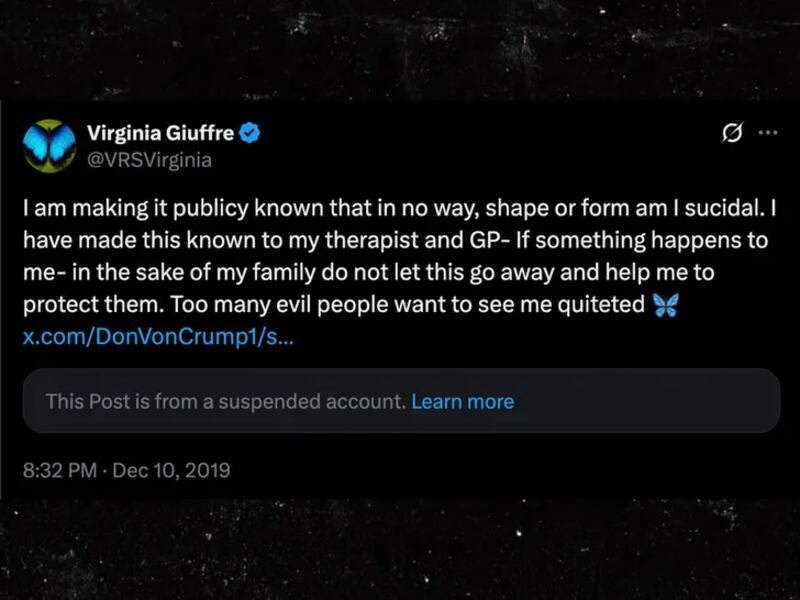 “I am making it publicly known that in no way, shape or form am I suicidal. ... If something happens to me – in the sake of my family do not let this go away and help me to protect them. Too many evil people want to see me quieted [sic].”