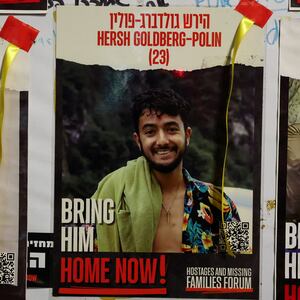 A view of a banner depicting Hersh Goldberg-Polin, an Israeli-American seized during the October 7 attack on Israel and taken hostage into Gaza