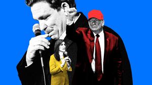 A photo illustration shows Donald Trump pumping his fist in the air while Ron Desantis frowns and Nikki Haley looks on