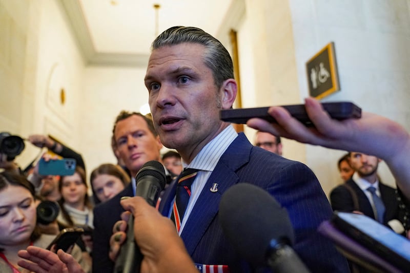 Defense secretary nominee Pete Hegseth speaks with the media as he departs a meeting on Capitol Hill in Washington, U.S., November 21, 2024.