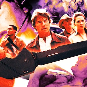 A photo illustration of Tom Cruise, Simon Pegg, Hayley Atwell, Pom Klementieff, and Greg Tarzan Davis in Mission: Impossible - The Final Reckoning.