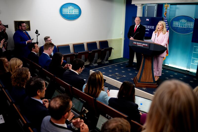 White House press secretary Karoline Leavitt, accompanied by White House border czar Tom Homan, speaks during the daily press briefing in the Brady Press Briefing Room at the White House on April 28, 2025 in Washington, DC.