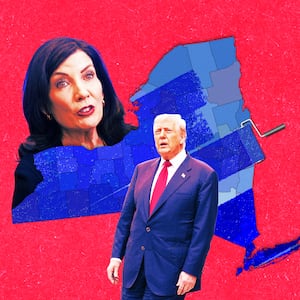 A photo illustration of NY Gov. Kathy Hochul and President Donald Trump and a congressional map of New York state.