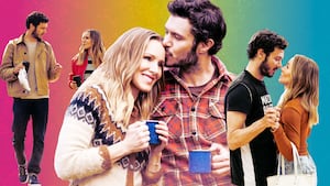 A photo illustration of Adam Brody and Kristen Bell.