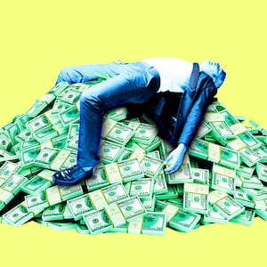 A photo illustration of a blue man in a suit lying on a pile of money.