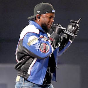 NEW ORLEANS, LOUISIANA - FEBRUARY 09: Kendrick Lamar performs onstage during Apple Music Super Bowl LIX Halftime Show at Caesars Superdome on February 09, 2025 in New Orleans, Louisiana.  (Photo by Gregory Shamus/Getty Images)