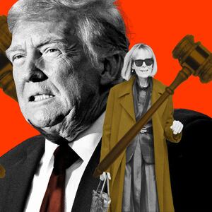 A photo illustration of Donald Trump and E Jean Carroll with gavels surrounding them.