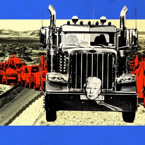 A photo illustration of MAGA trucks overlaying a picture of the border wall