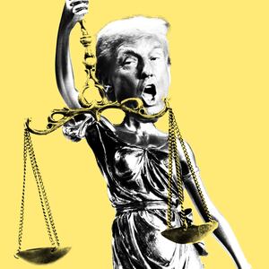 Donald Trump as Lady Justice on a yellow background