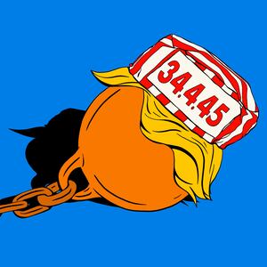 Illustration of an orange ball and chain with Donald Trump’s Hair and a red stripe prison cap with the numbers “34 4 45” on it
