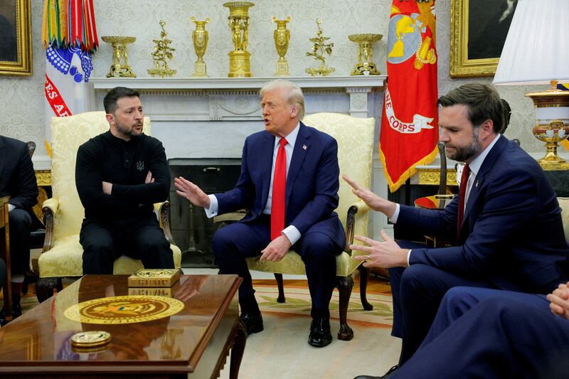 Volodymyr Zelenskiy argues with President Donald Trump and Vice President JD Vance in the Oval Office.