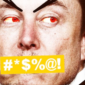 Elon Musk and Steve Bannon with a curse word bleep bar covering Elon's mouth