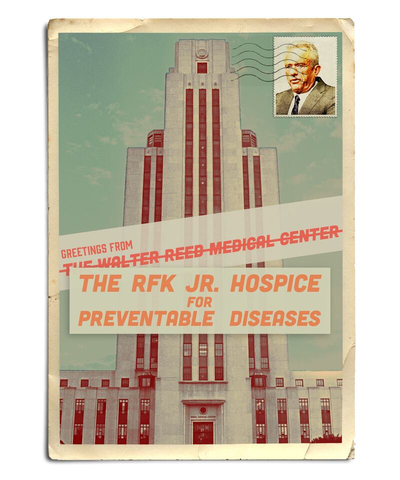 Vintage inspired postcard with RFK Jr on a stamp in front of the Walter Reed Medical Center with a new title reading "the rfk jr hospice for preventable diseases"