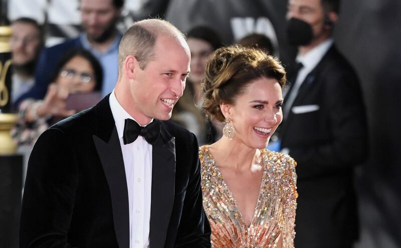 Britain's Prince William, Duke of Cambridge, and Catherine, Duchess of Cambridge attend the world premiere of the new James Bond film "No Time To Die" at the Royal Albert Hall in London, September 28, 2021.
