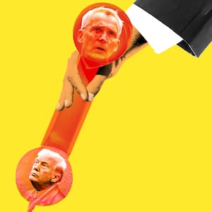 Donald Trump and Norway's Finance Minister Jens Stoltenberg on a telephone receiver with Trump in a Nobel Peace Prize medal