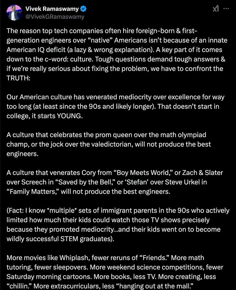 The first half of Vivek Ramaswamy’s post from Dec. 26 that railed against American culture.