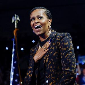 Michelle Obama speaks during a campaign event for Democratic presidential nominee Kamala Harris at Wings Event Center in Kalamazoo, Michigan on October 26, 2024.