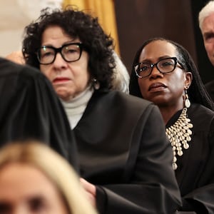 (L-R) U.S. Supreme Court Chief Justice John Roberts, U.S. Supreme Court Associate Justice Sonia Sotomayor and U.S. Associate Supreme Court Justice Ketanji Brown Jackson listen as U.S. President Donald Trump speaks during inauguration ceremonies in the Rotunda of the U.S. Capitol on January 20, 2025 in Washington, DC.