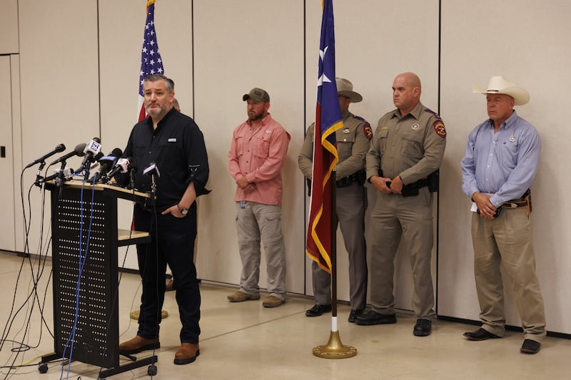 Ted Cruz speaks at a news briefing in  Hill Country near the Guadalupe River in Kerrville, Texas on July 7, 2025.