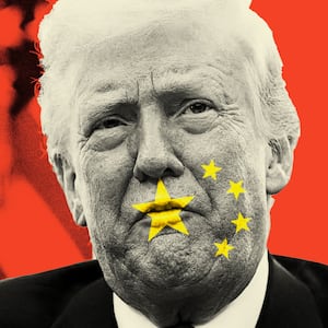 Donald Trump with a red background and the yellow Chinese flag stars over his mouth