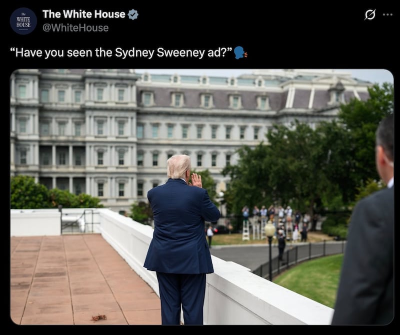 The White House X account tries to make a Sydney Sweeney meme.