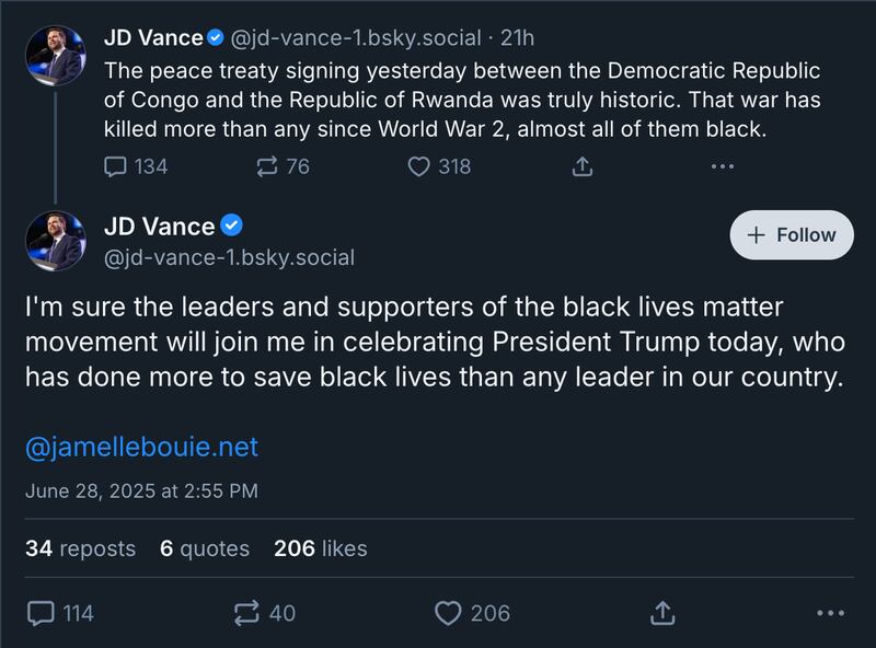 Vice President JD Vance declared that President Donald Trump has “done more to save Black lives than any leader in our country.” He did not make a similar post on other social media platforms.