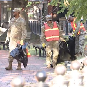 National Guard troops tasked with picking up trash near the White House in Donald Trump’s crime crackdown in Washington, D.C.