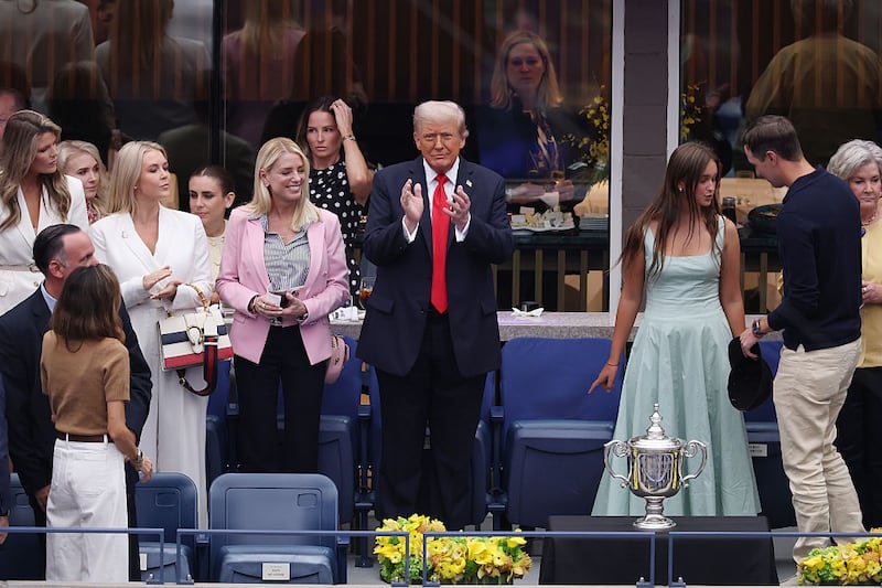 White House Press Secretary Karoline Leavitt, US Attorney General Pam Bondi,  U.S. President Donald Trump, granddaughter to Donald Trump Arabella Kushner, and Former Senior Advisor to the President Jared Kushner attend the Men's Singles Final match between Jannik Sinner of Italy and Carlos Alcaraz of Spain Day Fifteen of the 2025 US Open at USTA Billie Jean King National Tennis Center on September 07, 2025 in New York City. (Photo by Al Bello/Getty Images)
