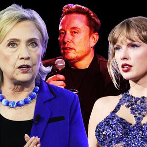 A photo illustration of Hillary Clinton, Elon Musk, and Taylor Swift