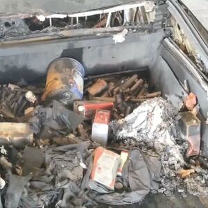 Police in Las Vegas release photos of burnt gas cans, fireworks and camping fuel in the trunk of a Tesla Cybertruck that exploded outside of the Trump International Hotel in Las Vegas.