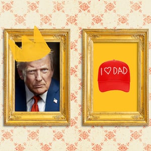 Portraits of former presidents with a heart and crown on Donald Trump and Barack Obama and Joe Biden crossed out. Last frame has a maga hat with "I heart dad"