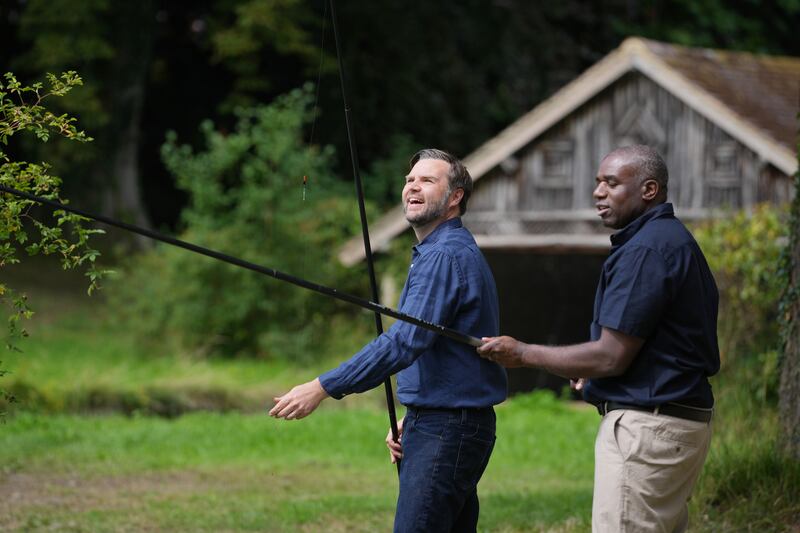 SEVENOAKS, ENGLAND - AUGUST 8:  U.S. Vice President JD Vance fishes with British Foreign Secretary David Lammy at Chevening House on August 8, 2025 in Sevenoaks, England. US Vice President JD Vance and UK Foreign Secretary David Lammy are meeting for an official bilateral discussion at Chevening House, the Foreign Secretary's Grade I-listed summer residence near Sevenoaks in Kent, where Lammy is hosting the Vance family for the start of their UK holiday. Vance's itinerary is expected to also include a stay in the Cotswolds and a visit to Hampton Court Palace, and comes just weeks after US President Donald Trump vacationed in Scotland. (Photo by Kin Cheung - WPA Pool/Getty Images)