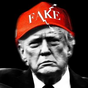 Donald Trump in black and white on a black background with his fist raised and a MAGA hat reading "FAKE" with up and down arrows instead of "Make America Great Again"
