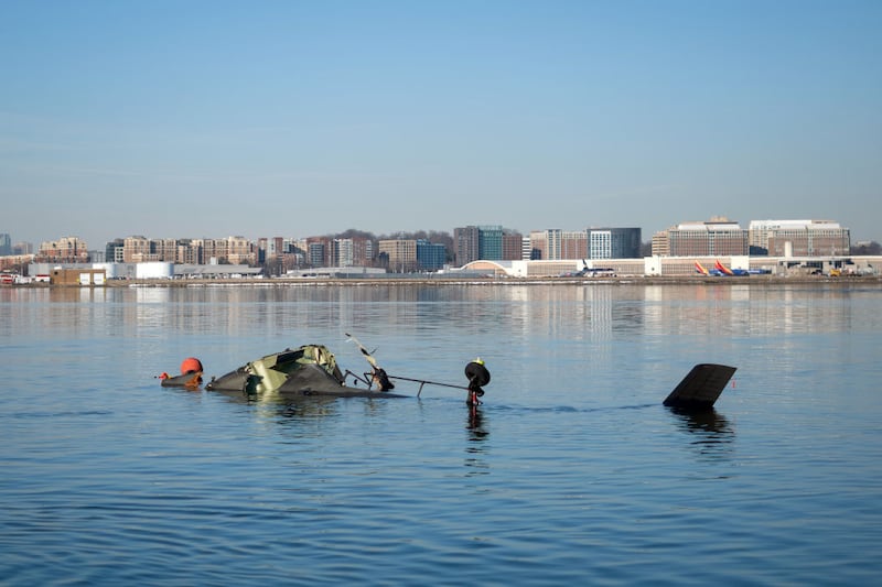 The Coast Guard investigates aircraft wreckage on the Potomac River on January 30, 2025 in Washington, DC.