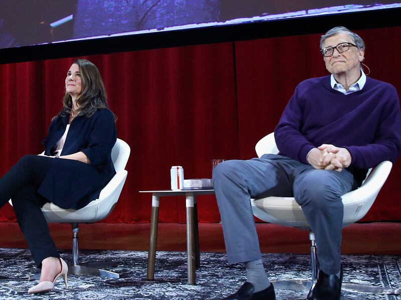 NEW YORK, NY - FEBRUARY 13:  Lin-Manuel Miranda, Melinda Gates and Bill Getes speak during the Lin-Manuel Miranda In conversation with Bill & Melinda Gates panel at Hunter College on February 13, 2018 in New York City.  (Photo by John Lamparski/Getty Images)