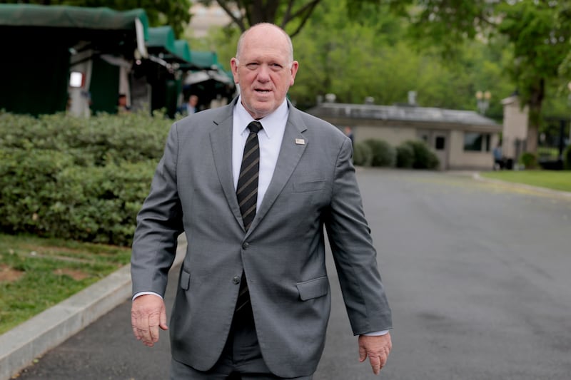 Tom Homan walks towards reporters outside the White House on May 05, 2025 in Washington, DC.