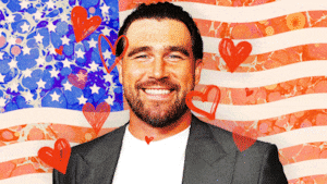 Travis Kelce in front of a waving American flag with hearts on top