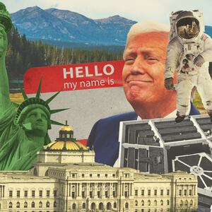 Photo illustration of the statue of liberty, library of congress, pentagon building, nasa astronaut, Donald Trump, and a "hello my name is" sticker on top of a photo of yellowstone national park