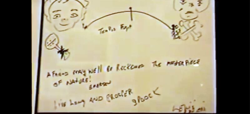 Framed artwork on display in Jeffrey Epstein's Palm Beach mansion, as well as notes seemingly written by some of Epstein's friends.
