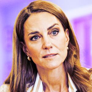 A photo illustration of Kate Middleton on a purple background.