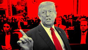 A photo illustration of Donald Trump and courtroom.
