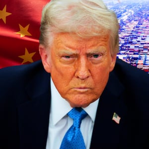 Donald Trump photo illustration with Chinese flag and cargo containers