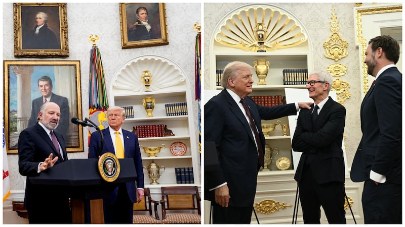 Donald Trump had added some gold figures to the Oval Office during his first month back in power, as shown in a photo from Feb. 21 (left). However, photos taken this week (right) show that nearly every feature in the historic office is plated in gold or is adjacent to something else that is.