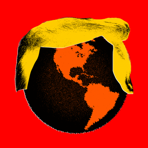 Illustrative gif of a spinning black and orange globe with Donald Trump's yellow hair