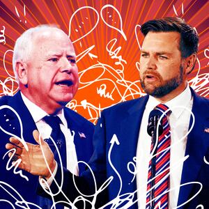 A photo illustration of Tim Walz and JD Vance.